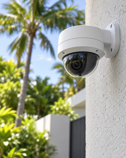 Cámara de seguridad instalada en pared exterior; imagen ilustrativa