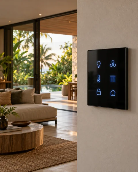 Panel de automatización en un interior moderno; imagen ilustrativa