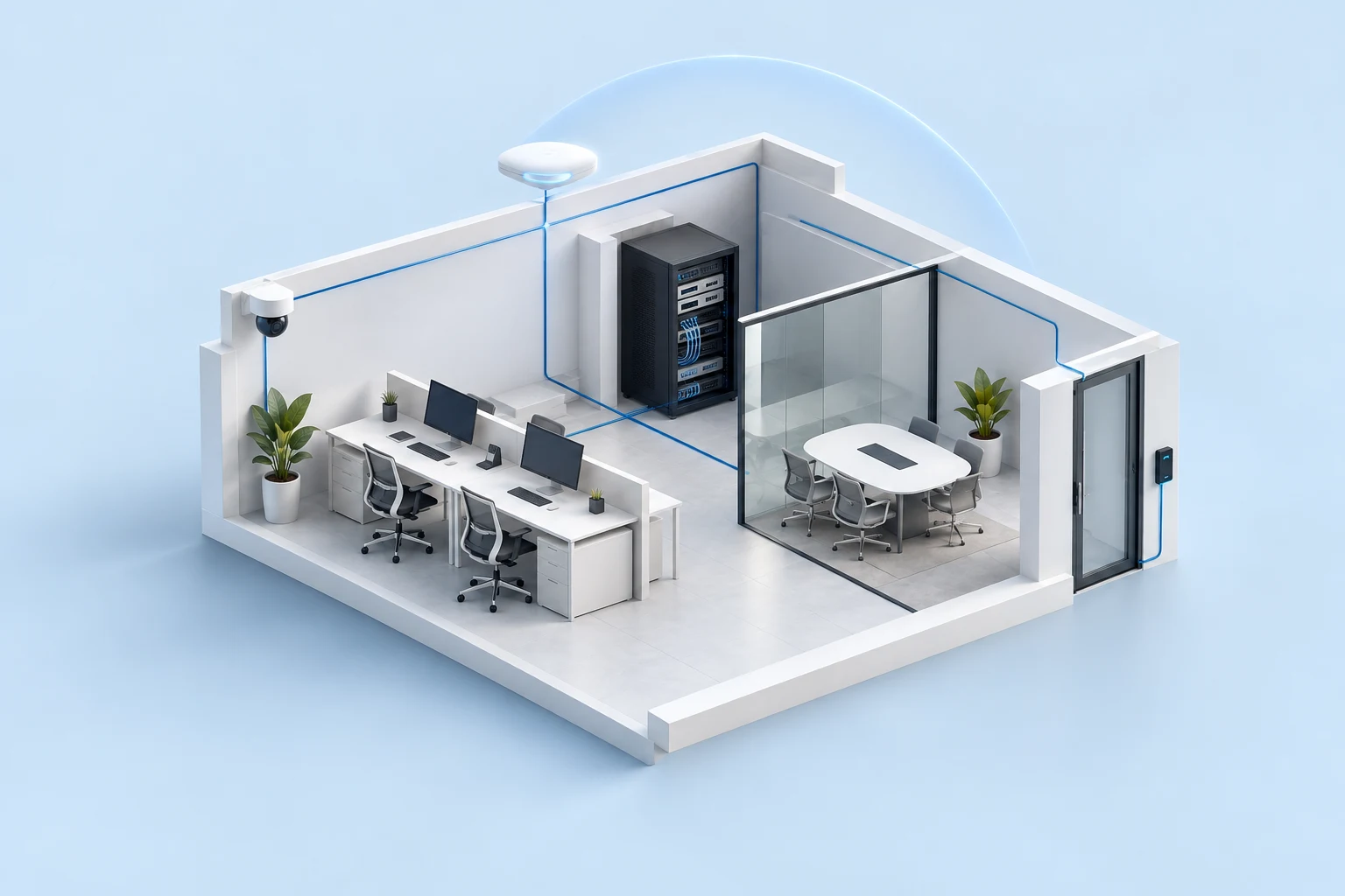 Ilustración conceptual de una oficina con red Wi-Fi, cableado, cámara y control de acceso conectados